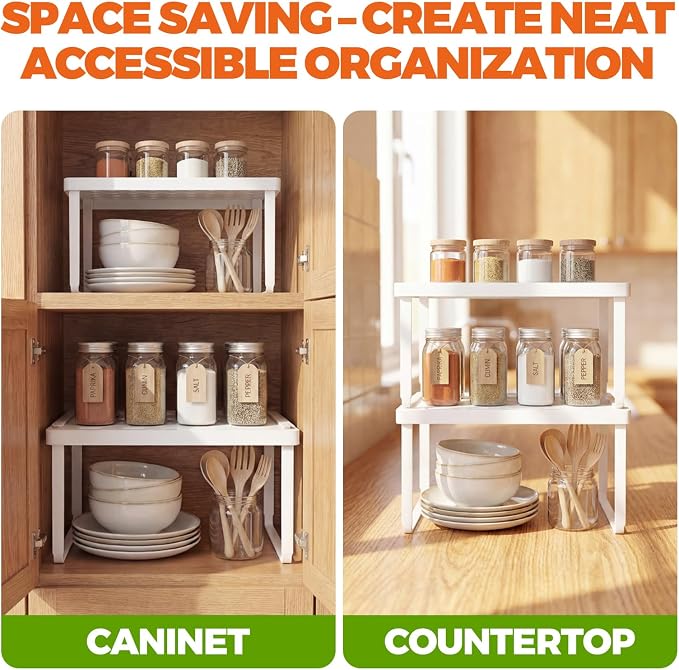 Cabinet Organizer Shelf, Countertop Risers, Kitchen Storage Rack | 2 Pack Foldable White Expandable Holders for Pantry & Bathroom, No-Tool Assembly Space-Saving Cupboard & Desk Organization