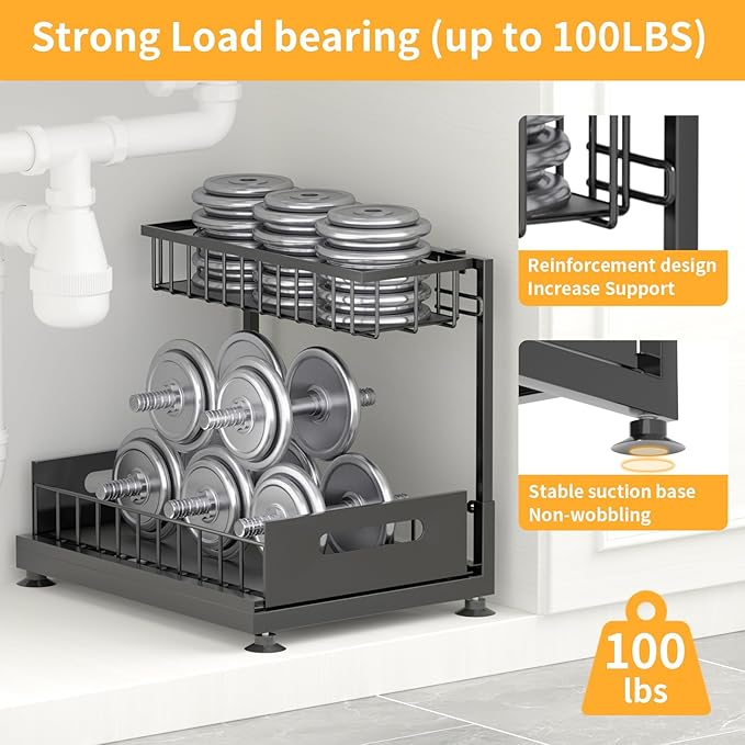 Saydear Under Sink Organizer Storage 2-Tier Premium Metal Pull-Out Kitchen Cabinet Organizer with Sliding Drawer, Height Adjustable, Heavy Duty for Kitchen & Bathroom Organizers 2 Pack Black