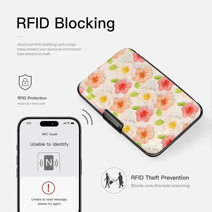 Credit Card Holder RFID Aluminum card case Flowers 2 mini Wallet Women Men | ABS Business ID Case,Hard Case Large Capacity 6 Slots, Waterproof Durable ，Secure Closure Slim Small Credit Card Protector