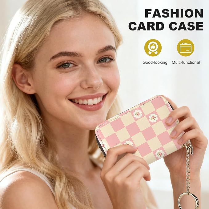 Credit Card Holder for Women,Small Rfid Wallet with Keychain Zipper,Cute PU Leather Card Case Wallet，Accordion Credit Card Wallets Gift,Pink checkered