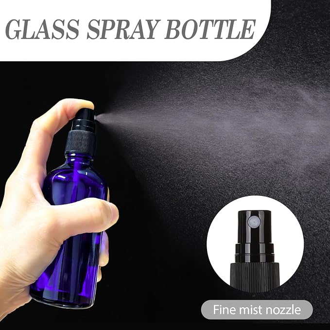 3.4 oz Glass Blue Spray Bottles,Small Empty Fine Mist Refillable Travel Spray Bottle for Cleaning,Perfume,Aromatherapy,Cosmetic Sprays,Hair,Essential Oils with Fine Mist Dispenser（3 Pack）
