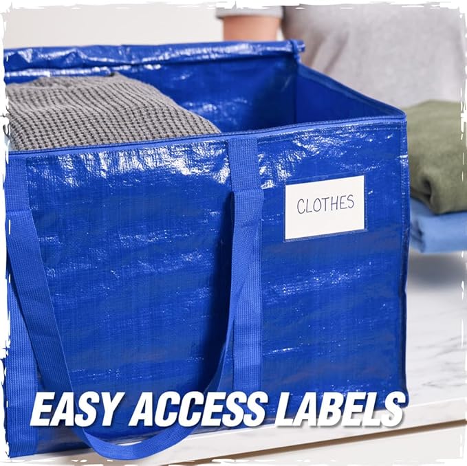 RUGGED RHINO 4 Pack Heavy Duty Extra Large Blue Moving Bags, Durable Bag with Strong Handles and Zipper, Moving Boxes Alternative for College Packing, Holiday Décor, Space Saving Storage with Label