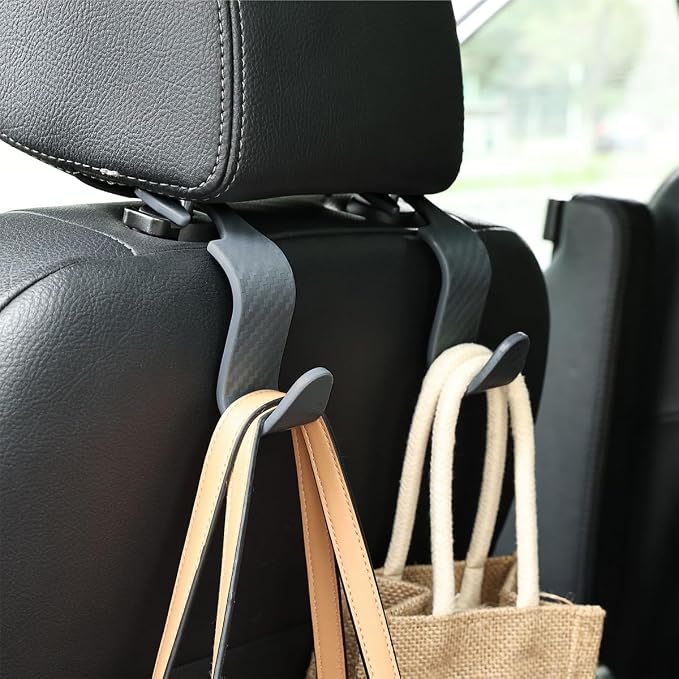 Osilly Car Seat Headrest Hook, 4 Pack Auto Seat Hanger Storage Organizer for Purse Handbag Coats Grocery Bags, Car Interior Accessories, Universal Vehicle Backseat Plastic Hanging Hook (Gray)
