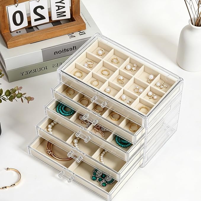 CLUQMEIK Acrylic Jewelry Organizer Box with 5 Drawers, 50 Grids Clear Earring Box Organizer with Adjustable Velvet Trays, Jewelry Storage Organizer for Women Girls, Beige
