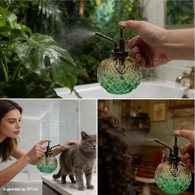 OFFIDIX Plant Mister Spray Bottle,Glass Decorative 300ML Vintage Watering Small Indoor Watering Can with Plastic Pump for Indoor Plants,Garden,Cleaning（Brown Green Gradient）