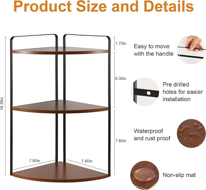 3 Tier Corner Bathroom Counter Organizer, Countertop Organizer, Makeup Organizer Countertop, Bathroom Storage Sink Shelf, Wooden and Metal Counter Shelf (Red Brown)