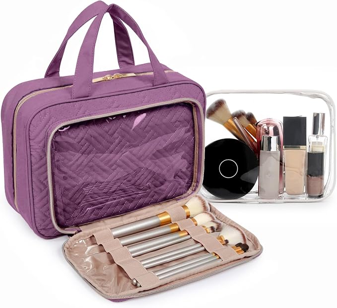 BAGSMART Toiletry Bag Hanging Travel Makeup Organizer with TSA Approved Transparent Cosmetic Bag Makeup Bag for Full Sized Toiletries, Large-Purple