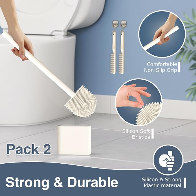 2 Pack Silicone Toilet Brushes & Holders– Includes 2 Crevice Brushes for Bathroom, Long Non-Slip Handle – Durable Bathroom Cleaning Set.