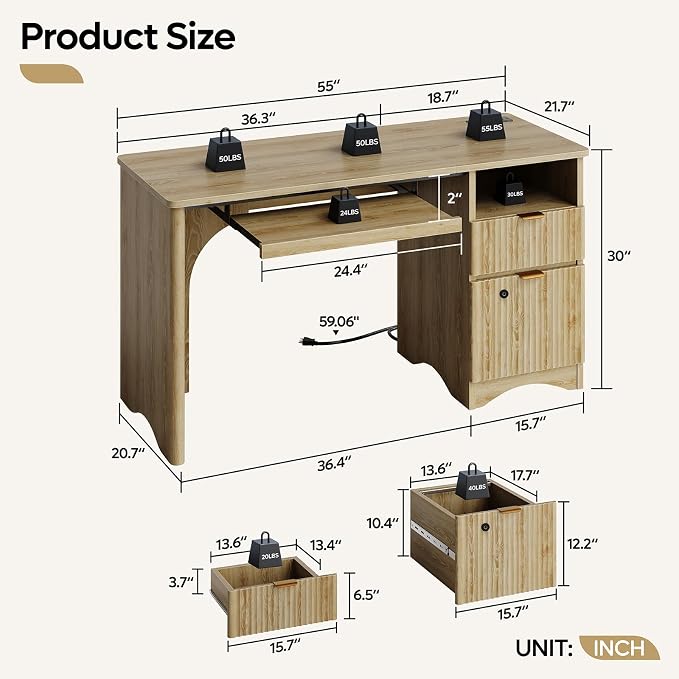 Bestier 55" Desk with Fingerprint Lock & Charging, Keyboard Tray, Oak | Partitioned Storage & Cable Management,Oak,Easy Assembly,Fingerprint Drawer Lock,Wear-Resistant Easy-Clean Desktop & Drawers