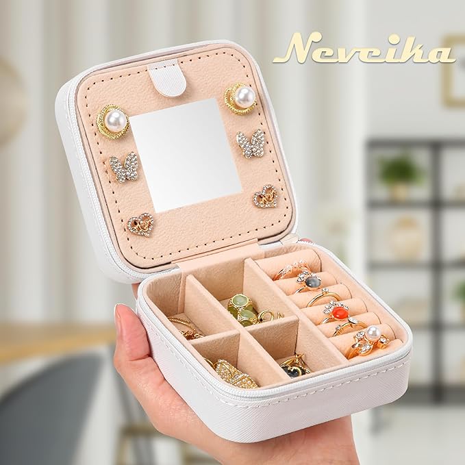 Neveika Jewelry Box with Mirror,Small Jewelry Organizer Box，Travel Jewelry Case for Women，Gift Jewelry Boxes for Female Girls (2pcs mirror white)