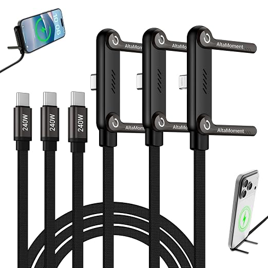 3 Pack Invisible Holder Charger Cable, 240W PD Fast Charging Cable for Desk, USB-C to USB-C & Light-ning Cable 4.9 FT with 360° Adjustable Metal Stand, 2 in 1 Holder Charger for Gaming, Office, Home