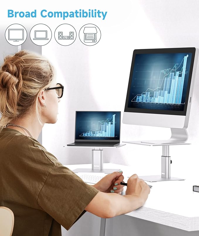 BoYata Monitor Stand, Adjustable Height Metal Desktop Riser, Silver | Height-adjustable metal riser with open storage space underneath for monitors, laptops, iMacs, PCs and TVs