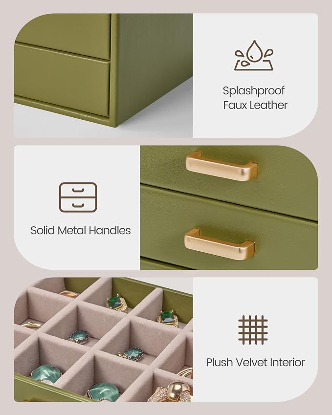 Lolalet Earring Organizer, Jewelry Box with Clear Lid -Sage, 5 Layer | PU Leather, Velvet, Removable Dividers, Dustproof, Easy Clean, For Studs Rings, Gift for Women Girls, Home Aesthetic Decor