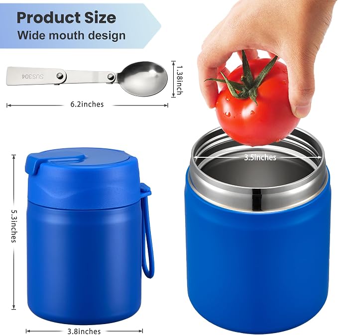 Howeemo 17oz Soup Thermo for Hot Food Kids,Insulated Food Jar with Spoon,Thermo Hot Food Lunch Container,Wide Mouth Leakproof Stainless Steel Lunch Box for School(Blue)