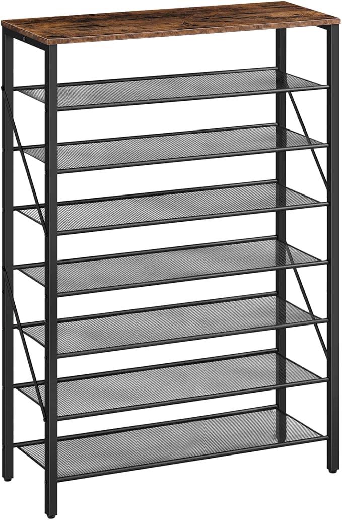 MAHANCRIS 8 Tier Shoe Rack Organizer for Closet, Holds 28-32 Pairs, Tall Metal Shoe Storage Shelf for Entryway Bedroom, Sturdy Freestanding Shoe Rack Space Saving, Large Capacity, Rustic Brown