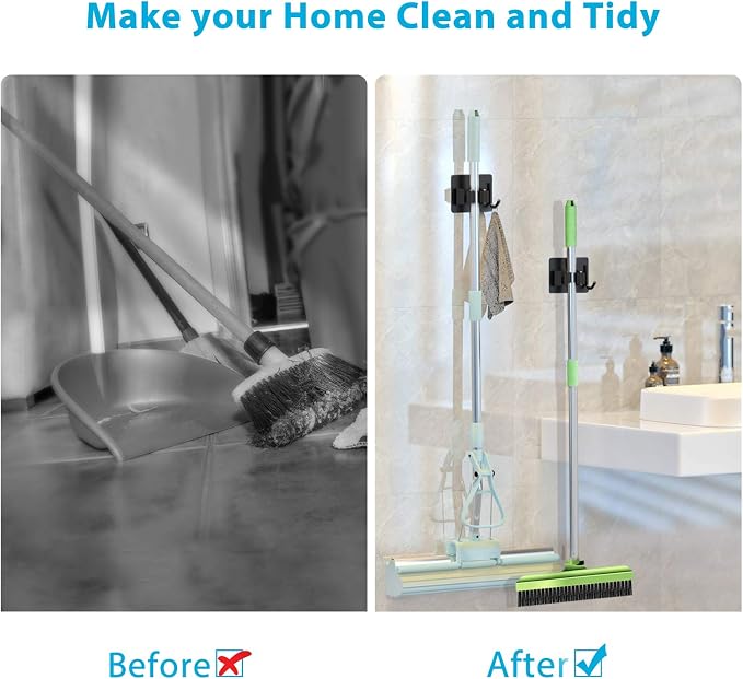 homeasy Mop Broom Holder No Drill, Mop Broom Organizer Wall Mounted Heavy Duty with Hooks Hanger, Self Adhesive Stainless Steel 4Pcs for Bathroom, Kitchen, Office (Black)