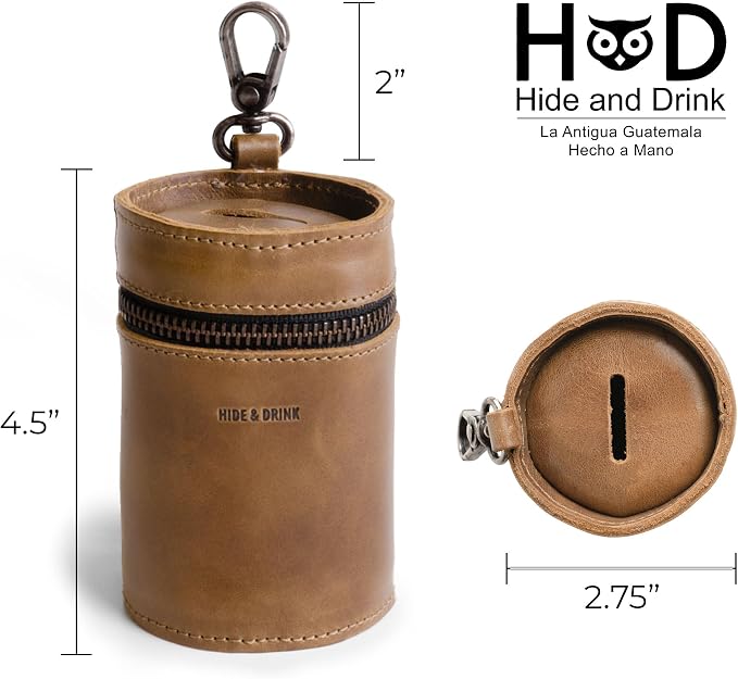 Hide & Drink, Money Box, Piggy Bank Bucket, Zippered Pouch, Cash Organizer, Coin Case, Full Grain Leather, Handmade (Single Malt Mahogany)