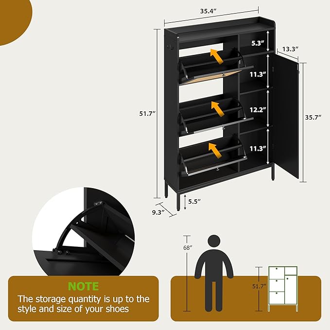 Garvee Shoe Cabinet with 3 Flip Drawers, Freestanding Shoe Organizer with 4-Tier Shoe Storage Cabinet and Adjustable Shelf & Rattan Doors,Narrow Shoe Rack Cabinet for Entryway, Closet, Hallway