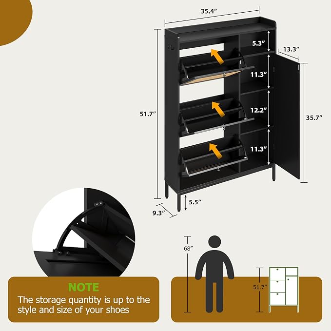 Garvee Shoe Cabinet with 3 Flip Drawers and 4-Tier Shoe Storage Cabinet, Freestanding Shoe Organizer with Adjustable Shelf and Rattan Doors for Entryway, Closet, Hallway