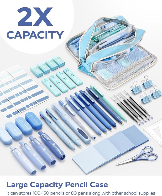 Four Candies Blue School Supplies, Gel Pens with Black Ink, Correction Tapes,Pastel Highlighters, Mechanical Pencils, Sticky Notes, Index Post for Bible Study Stationary College Essentials