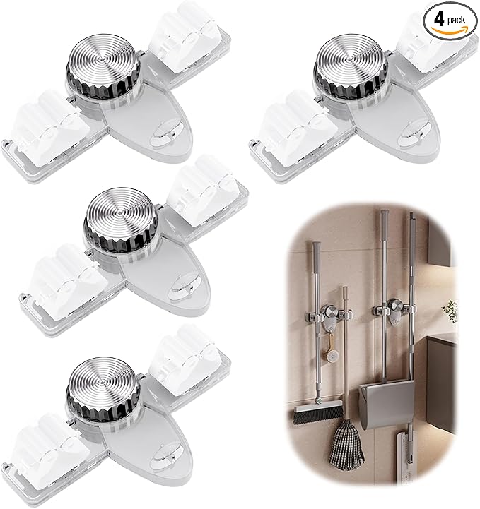 4 Pack Broom Holder Mop Hanger, No Drill Suction Cup Adjustable Organizer with Hooks Broom Hanger Organizer for Bathroom Kitchen Office Utility Room Laundry Home Garden Garage Storage Organizatin Rack