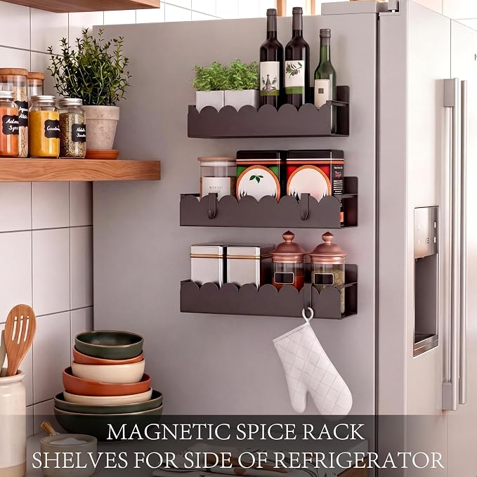 3 Pack Scalloped Metal Magnetic Spice Storage Rack Organizer with Hooks for Refrigerator and Oven, Black Fridge Organizers and Storage
