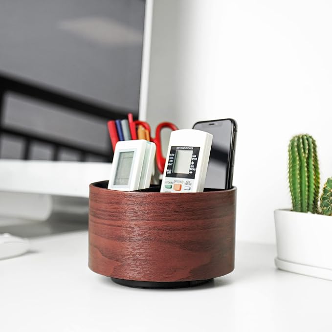 Round Leather Art Supply Organizer,Remote Control Holder,360 Degree Spinning,Multi-Functional Pencil Holder,4 Compartments Desktop Stationary Organizer(1-Light Brown2)
