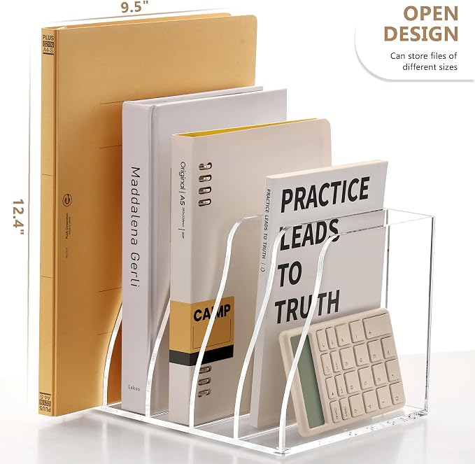 SANRUI Acrylic Magazine File Holder Desk Organizer, Clear 5 Vertical Compartments Workspace Document Sorter, Folder Rack Binder for Office Home Classroom Tablet, Books & Accessories Storage