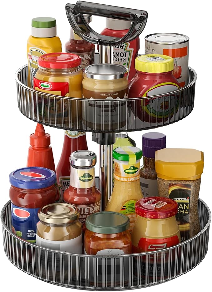 2-Tier Rotating Organizer with Handle – Adjustable Shelf, 360° Lazy Susan Turntable for Kitchen Countertop, Bathroom, Pantry – Multi-Functional Storage for Spices, Cosmetics, Snacks, Fruits