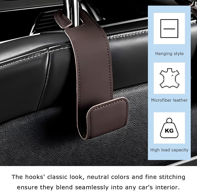 Car Seat Headrest Hook, Microfiber Leather Hanger Holder Hook for Hanging Purse and Bag, Universal Vehicle Back Seat Organizer Hook for Grocery Bag Handbag Coat (Brown)