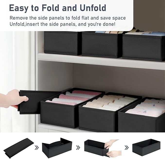 DIMJ Drawer Organizer Clothes - Underwear Organizer Small Sock Organizer Closet Organizers and Storage Box Dresser Drawer Dividers for Baby Clothes,Bra,Socks, Belt, Tie, Set of 12, Black