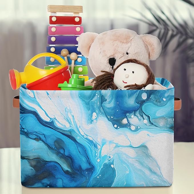 Cube Storage Bins for Shelves, Blue Marble Texture Collapsible Fabric Toys Storage Basket Box with Handles for Home Office Bedroom Closet