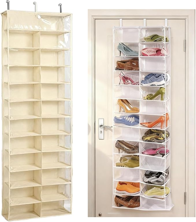 Hoodie Sweatshirt Storage Organizer, Over the Door Sweatshirt Organizer, 26-Pocket Clear Holder, Pockets Wall Shoes Bag, Portable Closet Wardrobe,63"L X 22"W X 6.3"H,Cabinet Behind The Doors (Yellow)