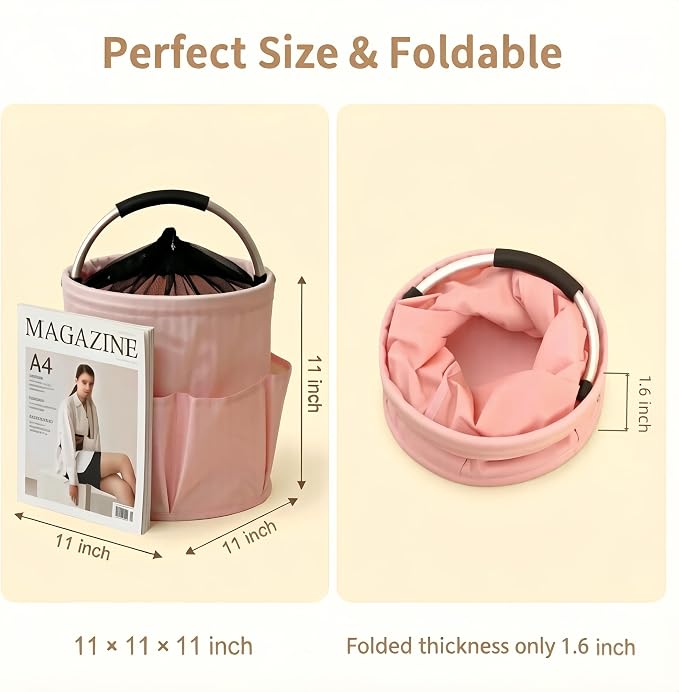 Pink Cleaning Caddy with Handle & Drawstring Top, 17L Foldable | Waterproof 600D Oxford Utility Caddy with 6 Pockets, Collapsible Cleaning Basket for Home, Garden, Dorm, Shower, Bathroom