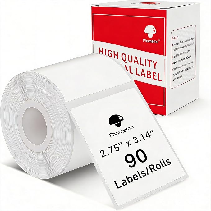 Phomemo M220 Labels-Thermal Sticker Labels 2.75''x3.15''(70x80mm) Thermal Label for M221/M220/M250/M260, for Barcode/Address/Mailing/Logo/Business/Home Tag, 1 Roll, 90 PCS