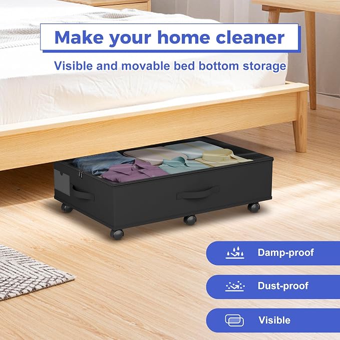 Babenest 4-Pack Under Bed Storage Organizer with Clear Zippered Lid, Foldable Rolling Underbed Drawers on 6 Wheels, Space Saving Clothes, Shoes, Toy Storage for Bedroom, Dorm, Closet