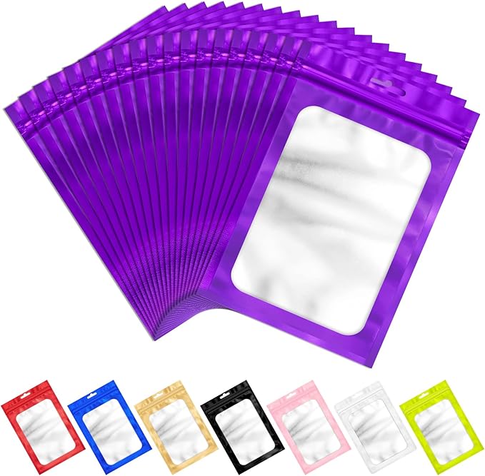 100 PCS Resealable Mylar Bags with Zip and Frosted Clear Window Smell Proof Packaging Bags Foil Pouch Zipper Bag for Food Self Sealing Storage Supplies (Purple, 6.29x9.44)