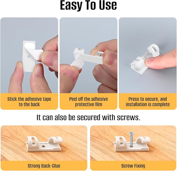 50 Pcs Self Adhesive Cable Clips,Upgraded Cable Management with Screw Hole,Strong Cord Organizer for Under Desk,Car,TV PC,Christmas Light Indoor/Outdoor-White M