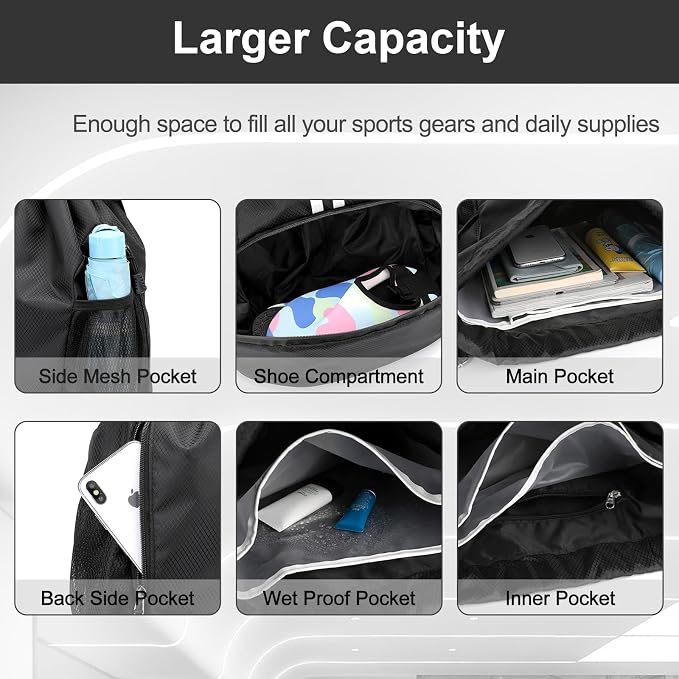 Hoedia Sports Drawstring Backpack - Swim Gym Bag for Women and Men | String Bag with Shoes Compartment and Wet Proof Pocket, Adjustable Wider Shoulder Strap, For Soccer, Basketabll, Volleyball