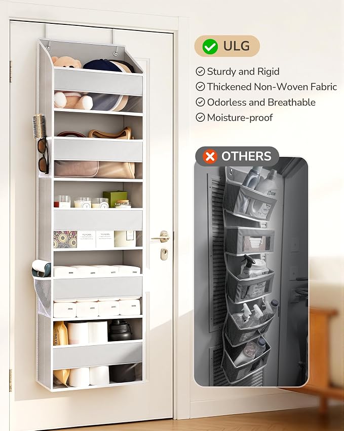 ULG 2-Pack Over-The-Door Organizer 5 Tiers, – Hanging Storage Organizer with 4 Mesh Side Pockets,Space Saving Closet Door Organizer for Clothes, Shoes, Toys, Accessories Light Gray
