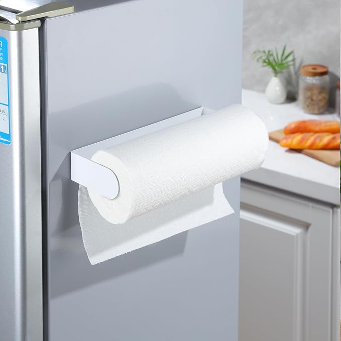 DELITON Magnetic Paper Towel Holder - Multifunctional White Paper Towel Rack with Strong Magnetic Fit Most Size Paper Towels for Refrigerator, Rv, Garage, BBQ