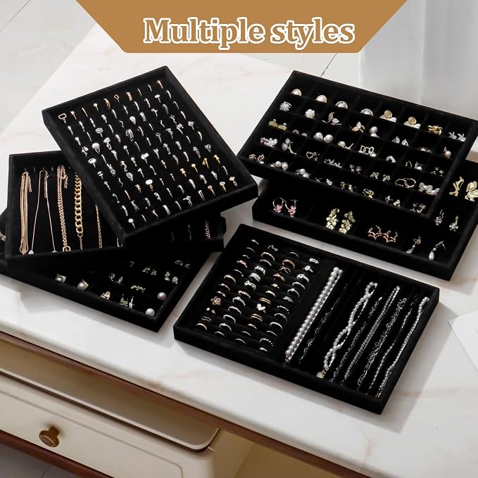 Large Jewelry Organizer for Drawer Insert Velvet Stackable Jewelry Trays for Earring Necklace Bracelet Ring Display (Black, 35 Grids)