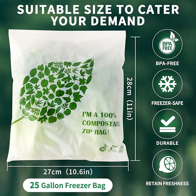 Compostable Gallon Size Food Storage Bags Freezer and Leak Proof, (25 Eco Zip) Seal well for Fruit,Food and Vegetable Plant-Based BPA-free (25)