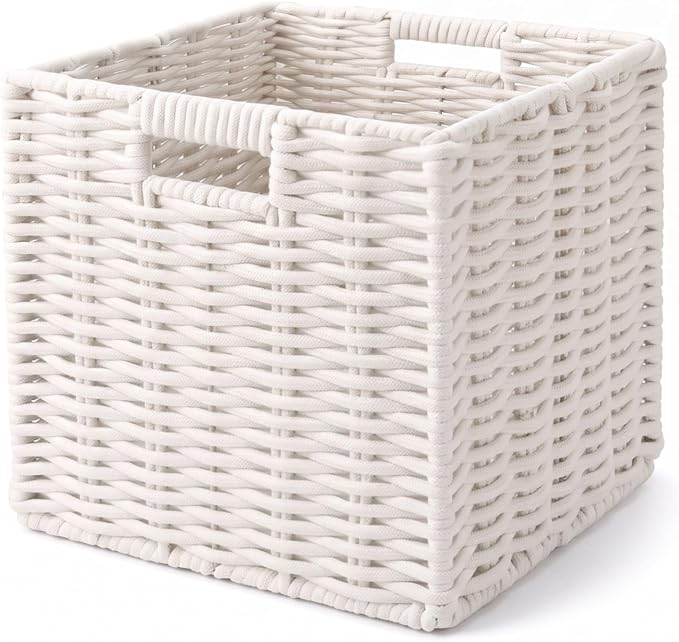 Cotton Rope Cube Storage Basket, 11 Inch Foldable Cubby Organizer Bins with Handles, Handwoven Square Basket for Organizing, Cube Closet Storage Bins for Shelves, Home Decor (White)