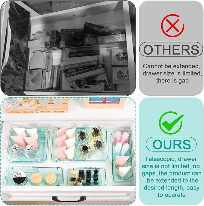 8 Pcs Mixed Extendable Clear Drawer Organizer, All Adjustable Vanity Storage Box, 4-Size Desk Drawer Organizer, Acrylic Storage Bins for Makeup, Bedroom Dressers Tool Organizer for Gadgets, Blue