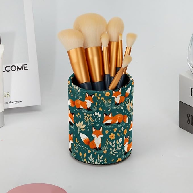 Faux Leather Pen Holder for Desk, Pencil Organizer Cartoon Little Fox Pen Cup Desk Decor Makeup Brush Holder Storage for Office Home