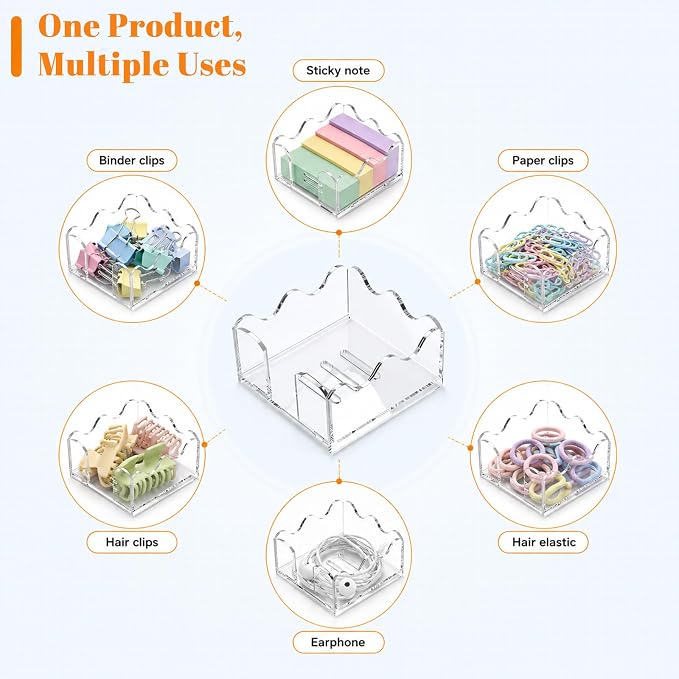 Clear Acrylic Sticky Note Holder Wavy Memo Pad Dispenser for Desk Storage | Acrylic Material, Elegant Wavy Border, Crystal Clear View, Compact Desk Organizer, Easy Access Top Opening