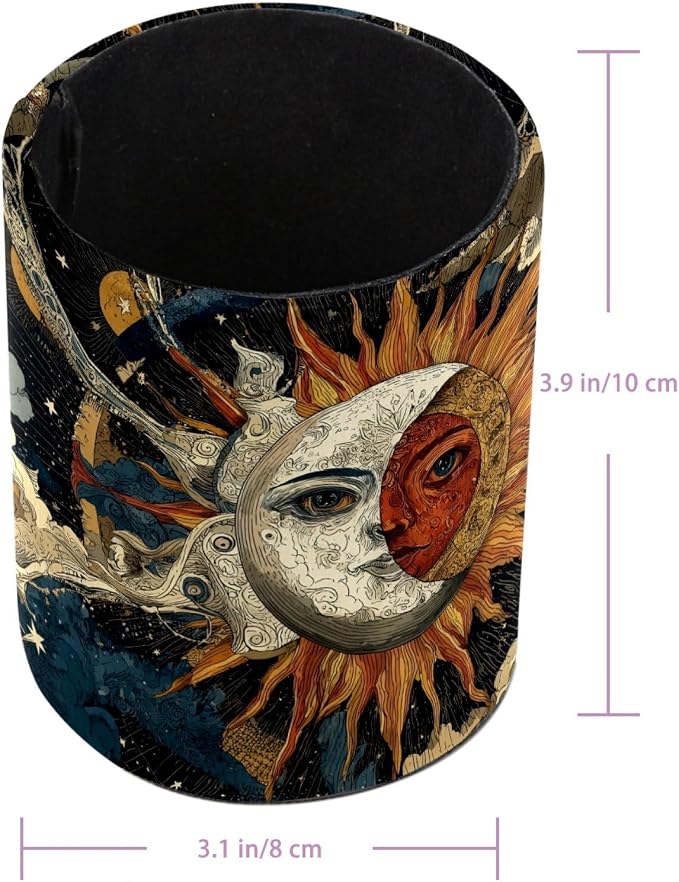 Retro Sun Pattern Pen Holder Pencil Organizer for Desk, 3.1” x 3.1” x 3.9” Pencil Cup Office Supplies, Large Capacity Cute Pen and Makeup Brush Holder for Home, School, Desktop