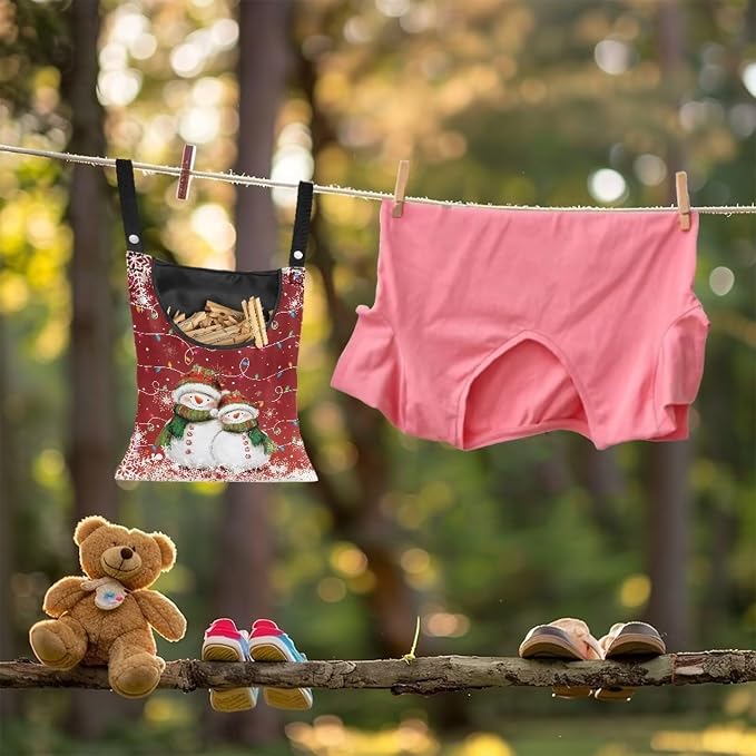 Christmas Snowman Laundry Clothespin Bag Holds 100 Medium-Sized Clothes Pins, Red Waterproof Polyester Material, 2 Ropes for Hanging and Effortlessly Sliding on Clothesline