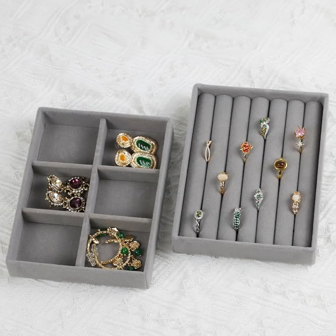 Fordonral Velvet Jewelry Organizer Box, Jewelry Drawer Organizers Trays, Earring Ring Necklace Holder Display Case (Gray, Ring+6 Grid Trays)